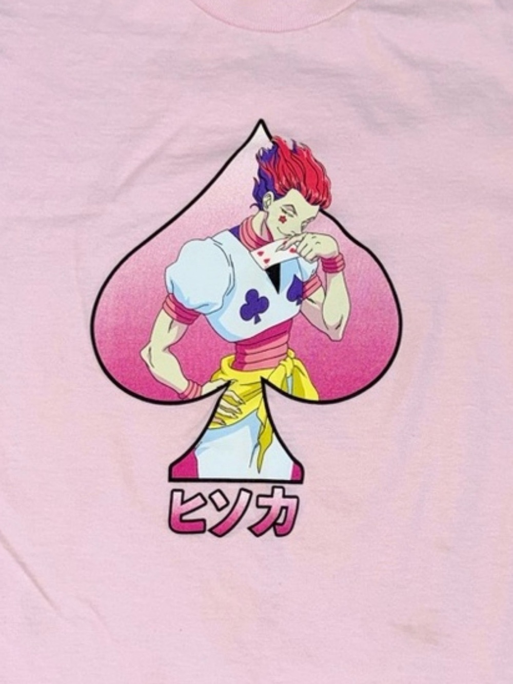 Hisoka Ace of Spades Pink Graphic T-Shirt with Anime Spade Motif